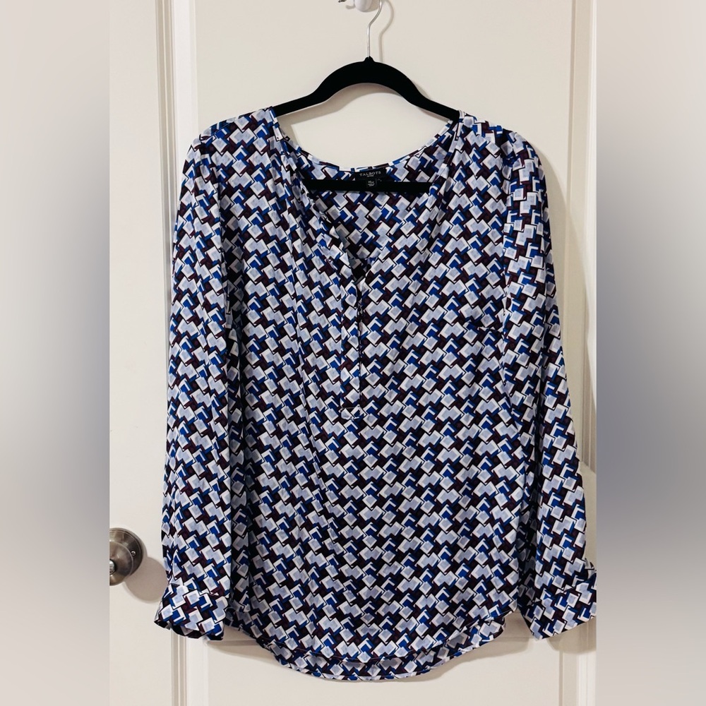 Talbots Geometric Print Blouse - Blue and White